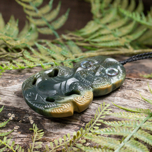 NZ Greenstone XLarge Hei Tiki Pendant Flower Jade Pounamu