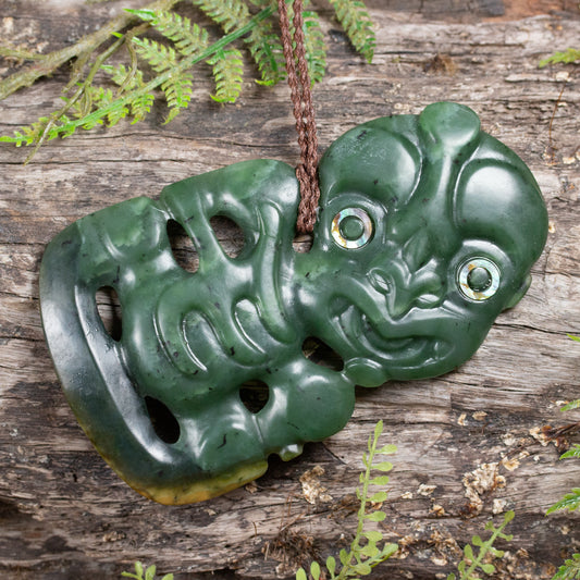 NZ Greenstone XXLarge Hei Tiki Pendant Hapopo Pounamu