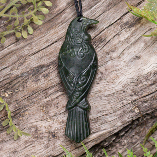 NZ Greenstone Medium Tūī Pendant Kawakawa Pounamu