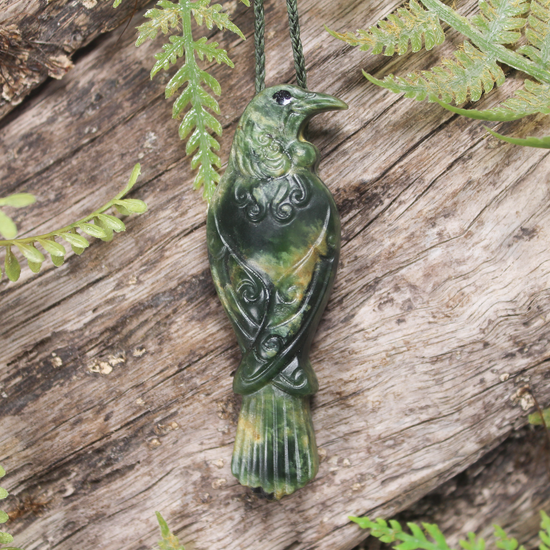 NZ Greenstone Medium Tūī Pendant Flower Jade Pounamu