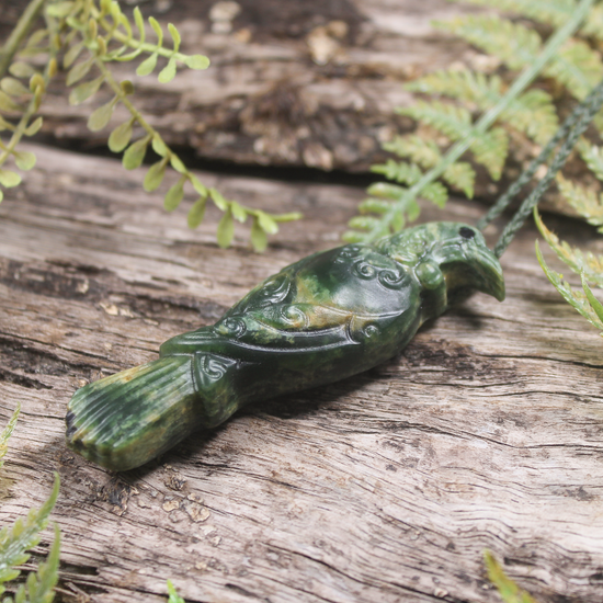 NZ Greenstone Medium Tūī Pendant Flower Jade Pounamu