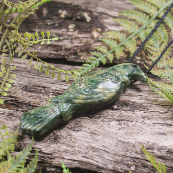 NZ Greenstone Large Tūī Pendant Flower Jade Pounamu