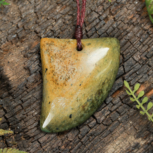 NZ Greenstone Medium Freeform Niho Taniwha Tooth Pendant (BN496) Flower Jade Pounamu