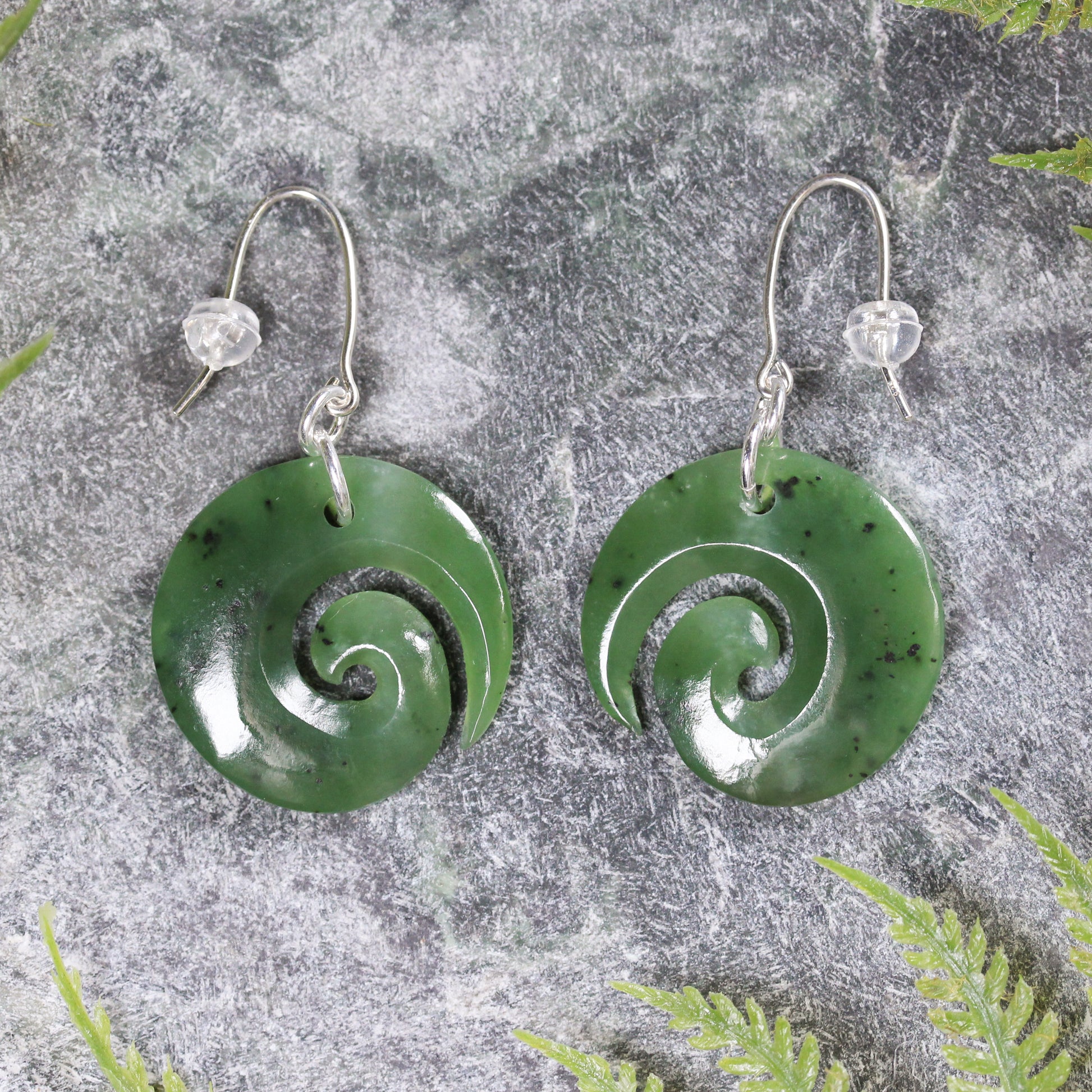 NZ Greenstone Koru Earrings Hapopo Pounamu