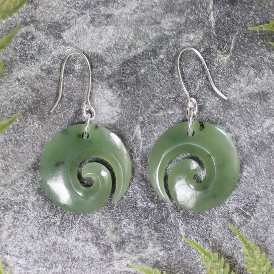 NZ Greenstone Koru Earrings Inanga Pounamu