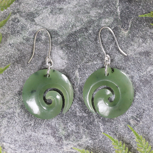 NZ Greenstone Koru Earrings Inanga Pounamu