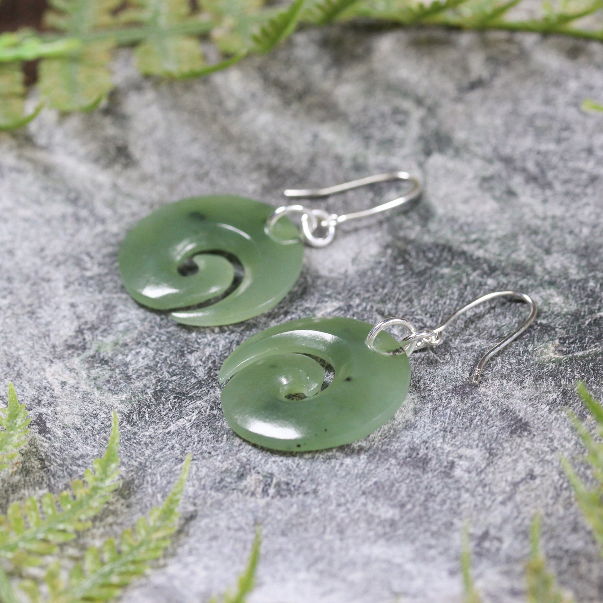 NZ Greenstone Koru Earrings Inanga Pounamu
