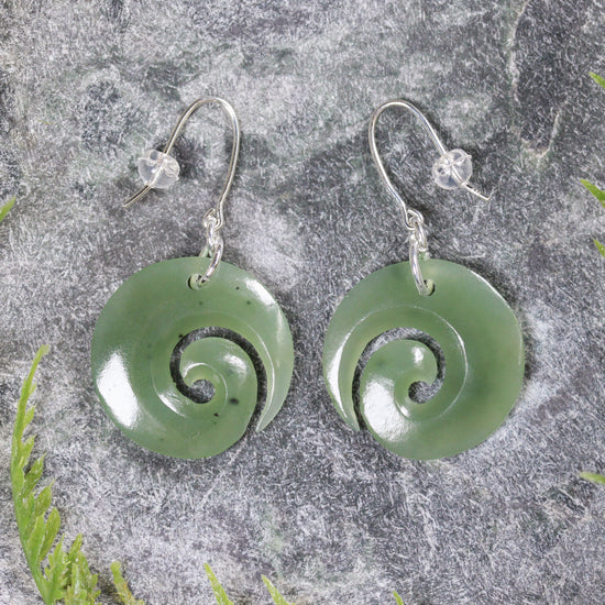 NZ Greenstone Koru Earrings Inanga Pounamu