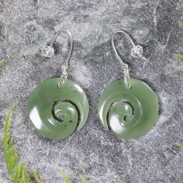 NZ Greenstone Koru Earrings Inanga Pounamu