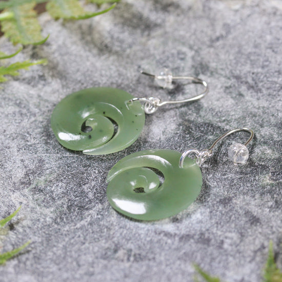 NZ Greenstone Koru Earrings Inanga Pounamu
