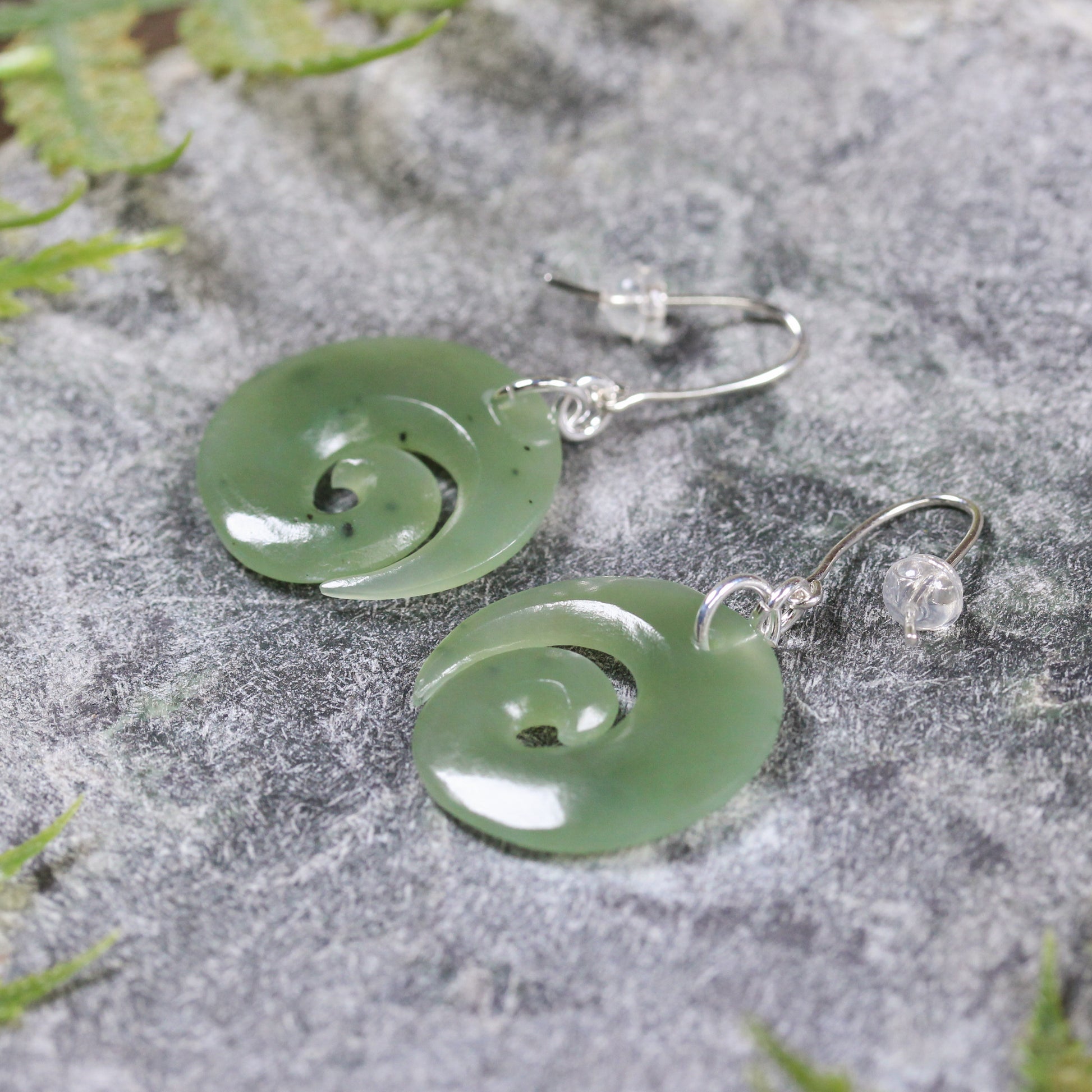 NZ Greenstone Koru Earrings Inanga Pounamu