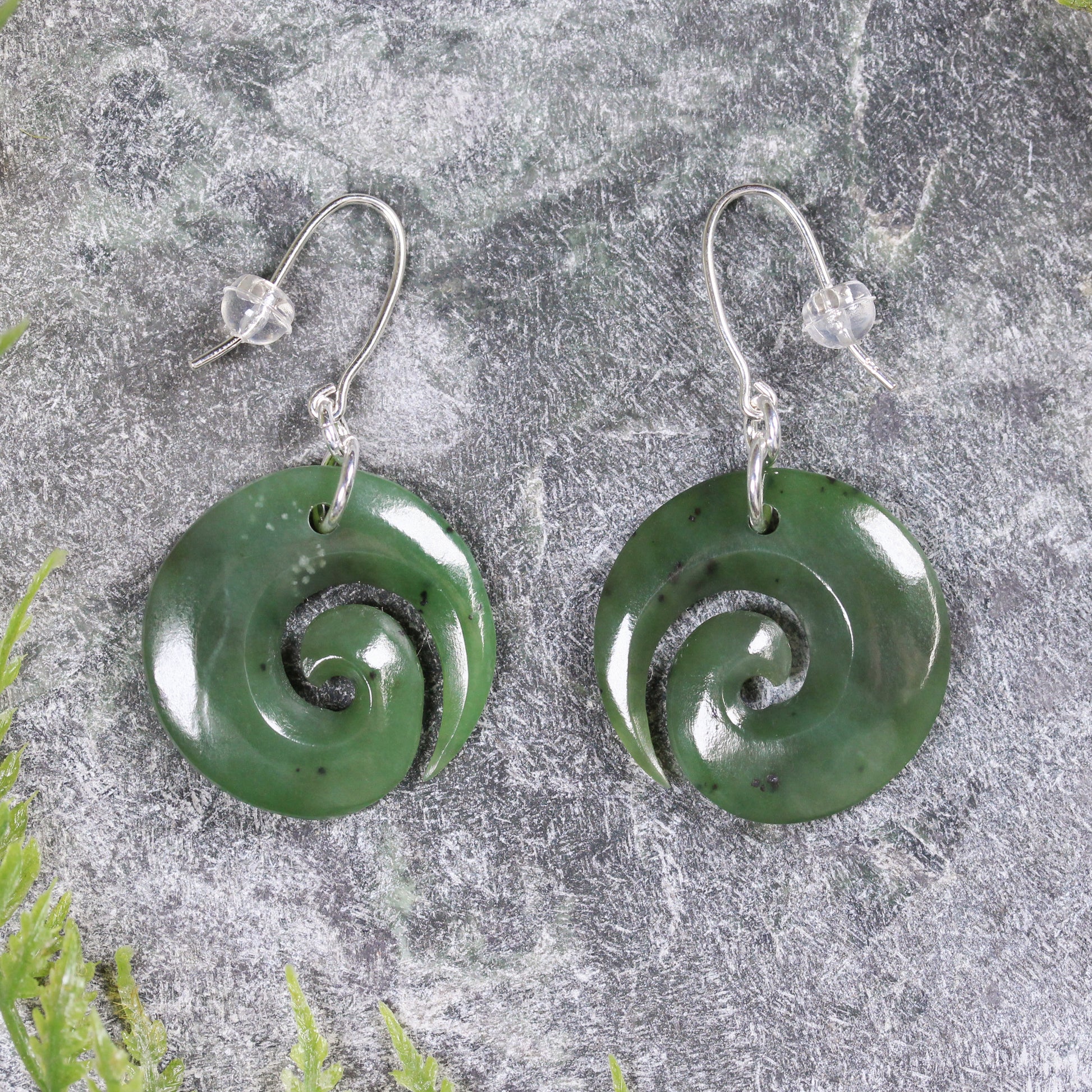 NZ Greenstone Koru Earrings Hapopo Pounamu