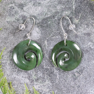 NZ Greenstone Koru Earrings Hapopo Pounamu