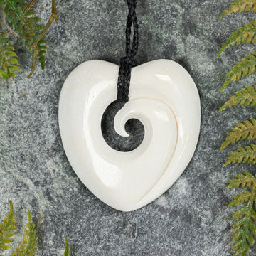 NZ Bone Medium Koru Heart Pendant (BT520)