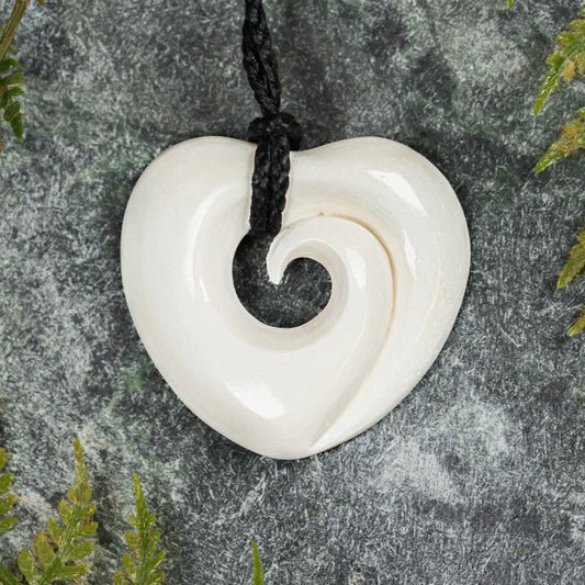 NZ Bone Medium Koru Heart Pendant (BT521)