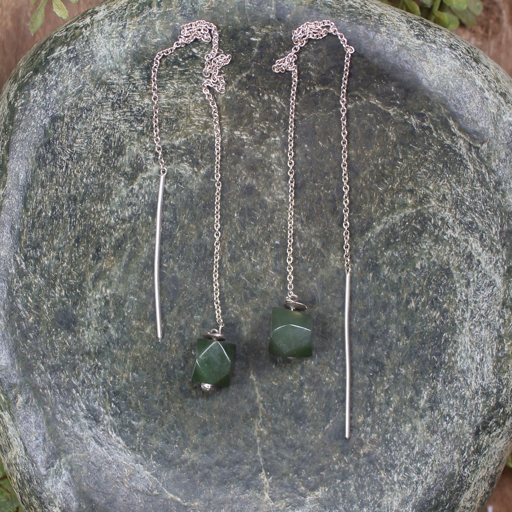 Threaded Styled Earrings carved from Kawakawa Pounamu - NZ Greenstone