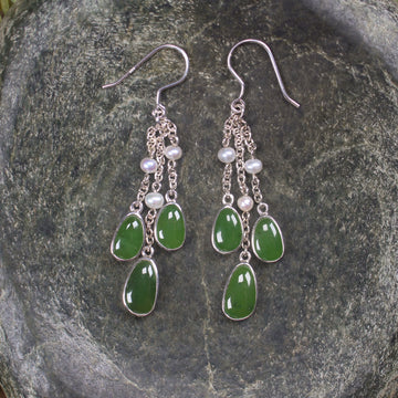 NZ Greenstone and Pearl Linked Drop Earrings (BW738) Hapopo Pounamu