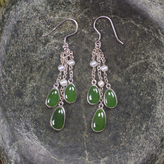 NZ Greenstone and Pearl Linked Drop Earrings (BW738) Hapopo Pounamu