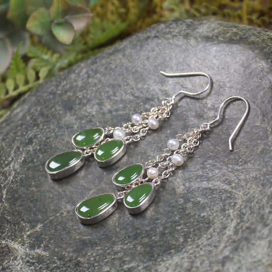NZ Greenstone and Pearl Linked Drop Earrings (BW738) Hapopo Pounamu