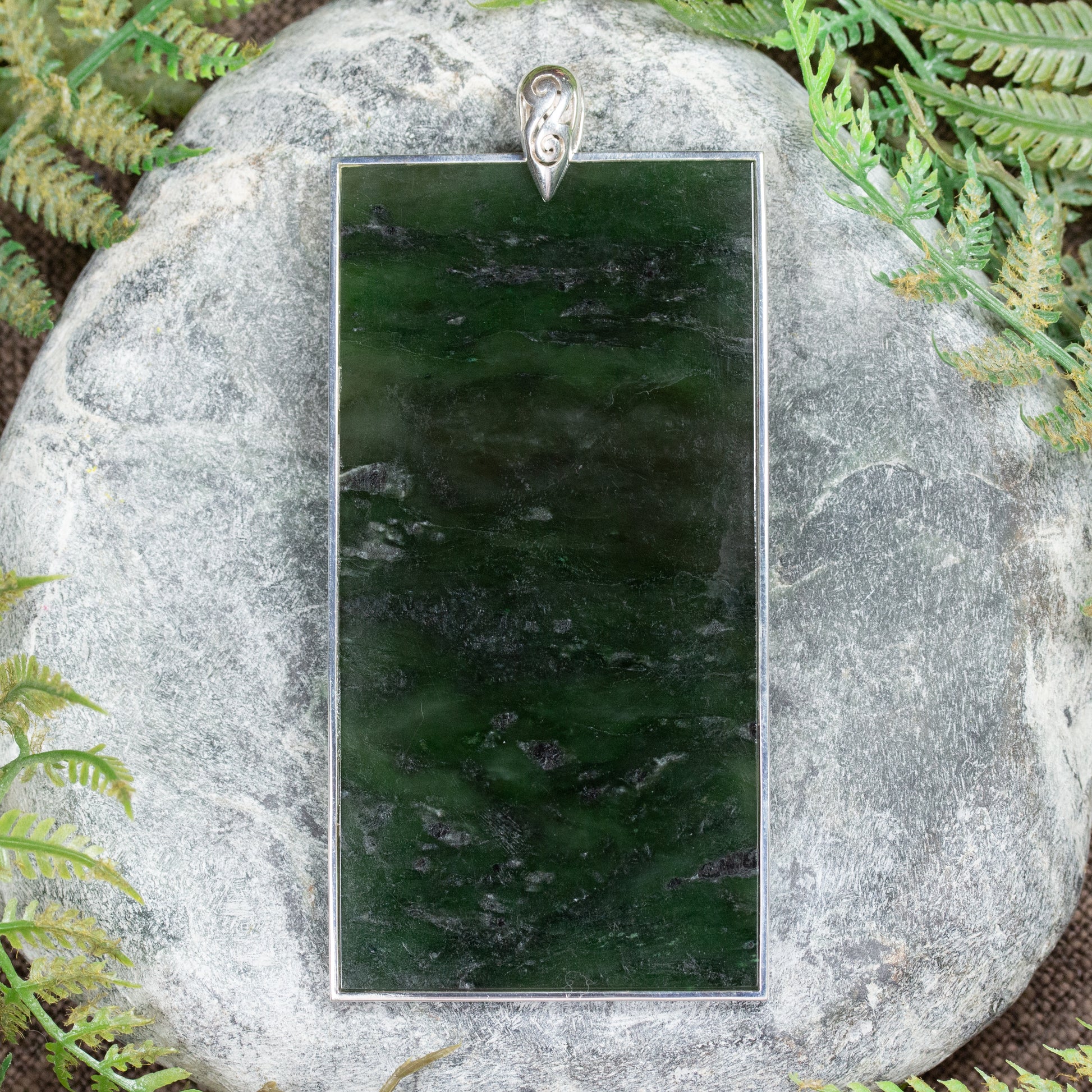 NZ Greenstone XLarge Sterling Silver Pendant Kawakawa Pounamu