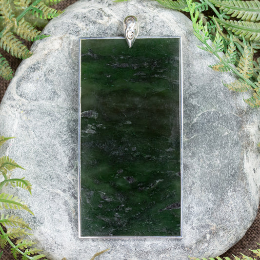 NZ Greenstone XLarge Sterling Silver Pendant Kawakawa Pounamu
