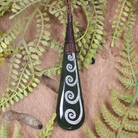 Roimata or Teardop with Koru carved from Kawakawa Pounamu - NZ Greenstone