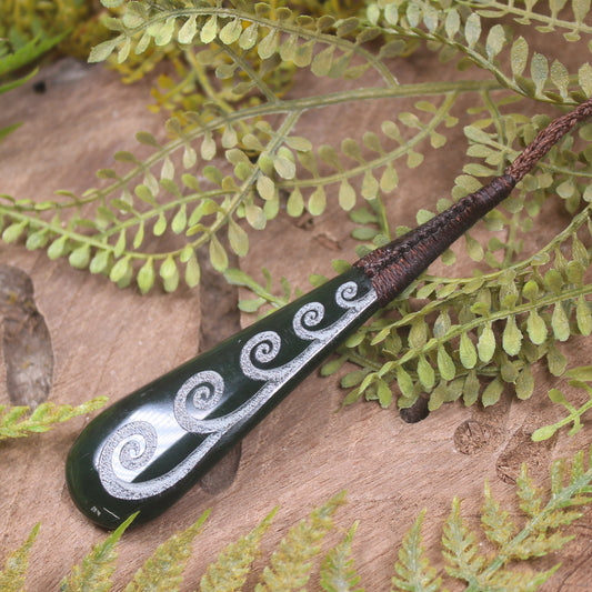 Roimata or Teardop with Koru carved from Kawakawa Pounamu - NZ Greenstone