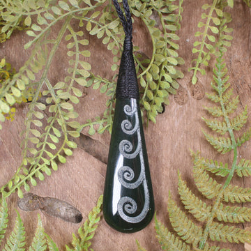 Roimata or Teardop with Koru carved from Kawakawa Pounamu - NZ Greenstone