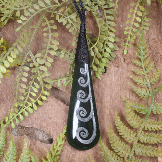 Roimata or Teardop with Koru carved from Kawakawa Pounamu - NZ Greenstone