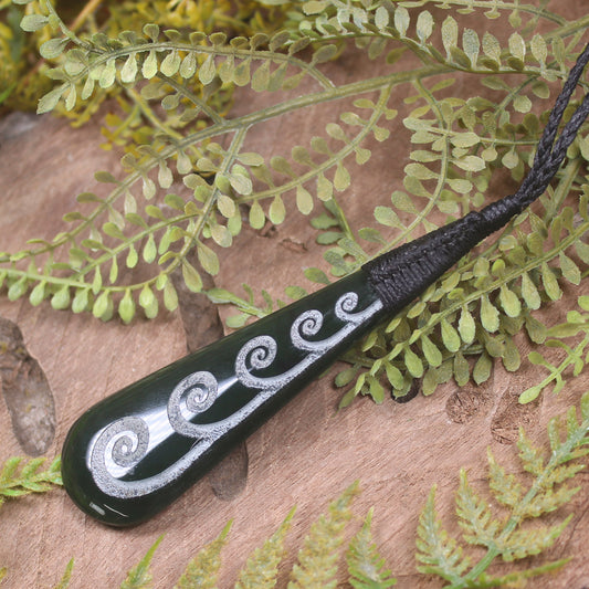 Roimata or Teardop with Koru carved from Kawakawa Pounamu - NZ Greenstone