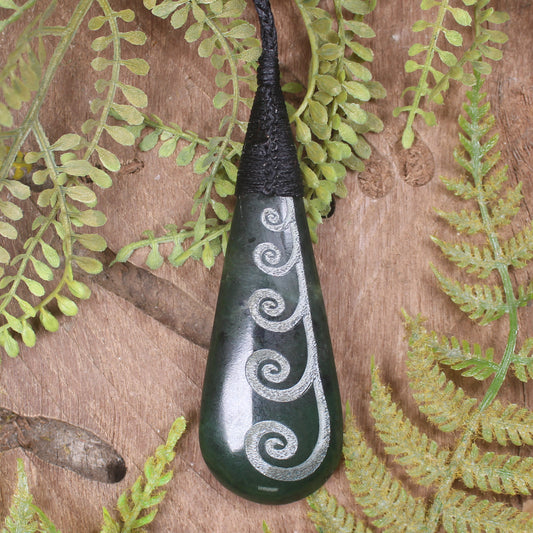 Roimata or Teardop with Koru carved from Kawakawa Pounamu - NZ Greenstone
