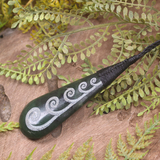 Roimata or Teardop with Koru carved from Kawakawa Pounamu - NZ Greenstone