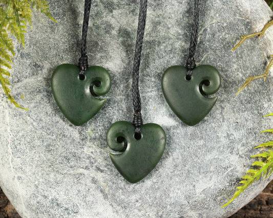 NZ Greenstone Small Koru Heart Pendant (BM682) Rimu Pounamu