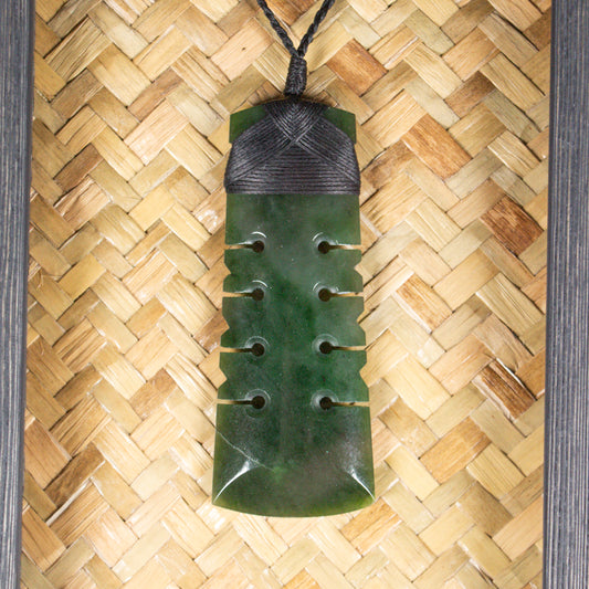 NZ Greenstone Framed Toki with Notches Pendant (CA515) Kawakawa Pounamu