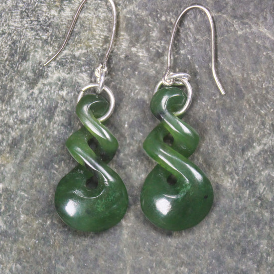 Twist Earrings carved from Kawakawa Pounamu - NZ Greenstone