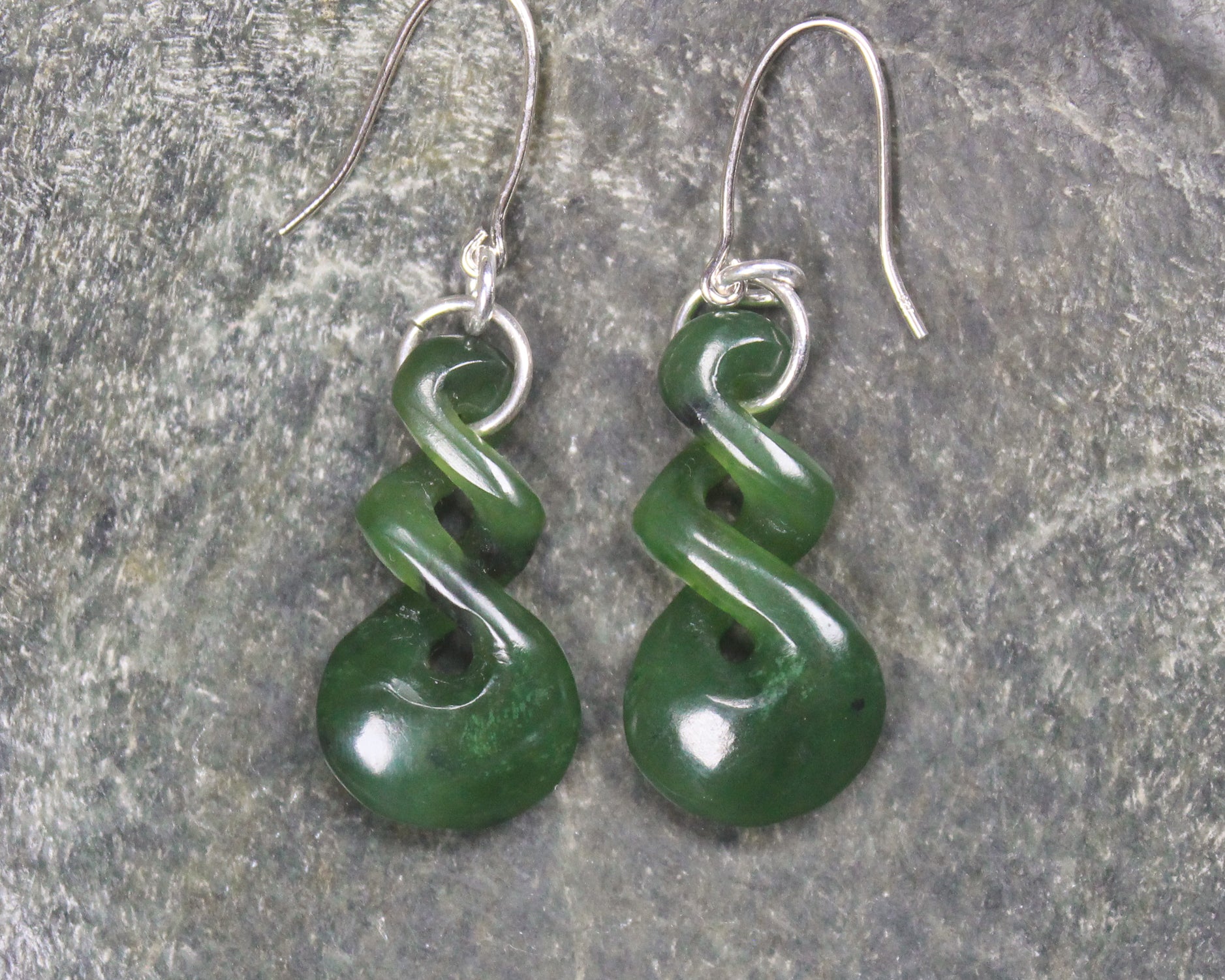 Twist Earrings carved from Kawakawa Pounamu - NZ Greenstone