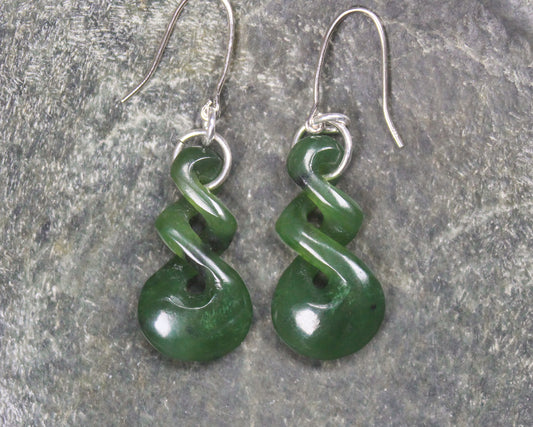 Twist Earrings carved from Kawakawa Pounamu - NZ Greenstone