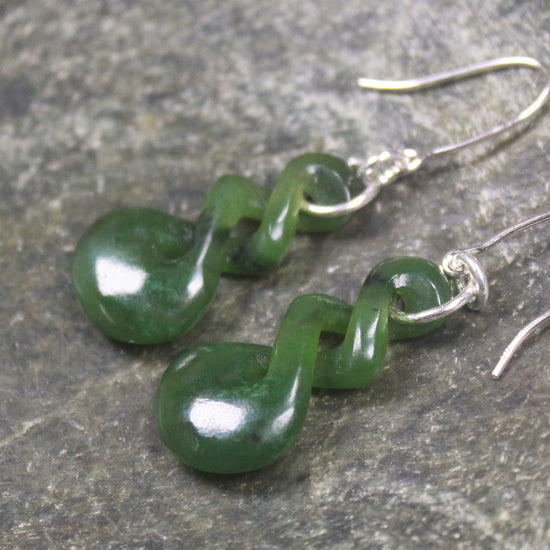 Twist Earrings carved from Kawakawa Pounamu - NZ Greenstone