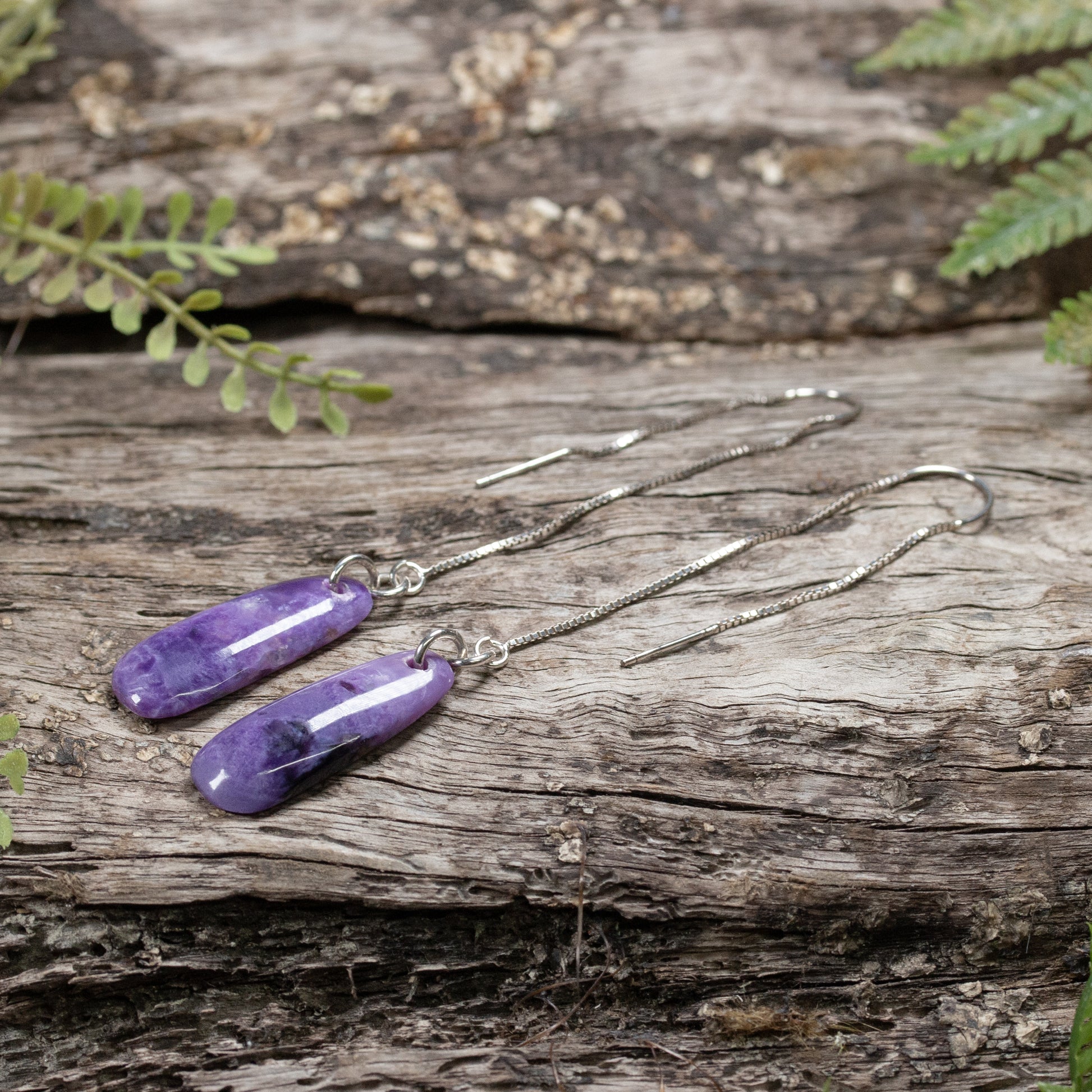 Charoite Sterling Silver Thread Styled Earrings