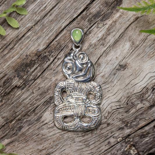 NZ Greenstone Small Hei Tiki Sterling Silver Pendant Hapopo Pounamu