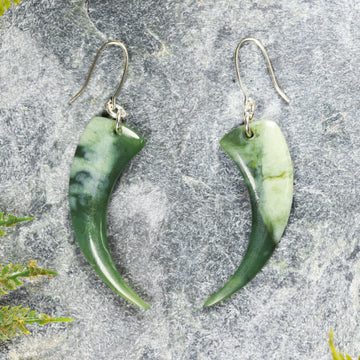 NZ Greenstone Small Huia Beak Earrings (BC399) Hapopo Pounamu