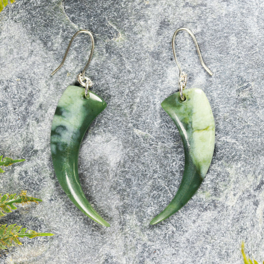 NZ Greenstone Small Huia Beak Earrings (BC399) Hapopo Pounamu