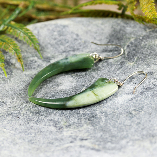 NZ Greenstone Small Huia Beak Earrings (BC399) Hapopo Pounamu