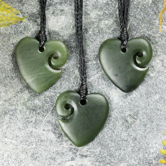NZ Greenstone Small Koru Heart Pendant (BN192) Hapopo Pounamu
