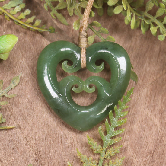 Heart with Koru carved from Hapopo Pounamu - NZ Greenstone