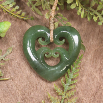 Heart with Koru carved from Hapopo Pounamu - NZ Greenstone