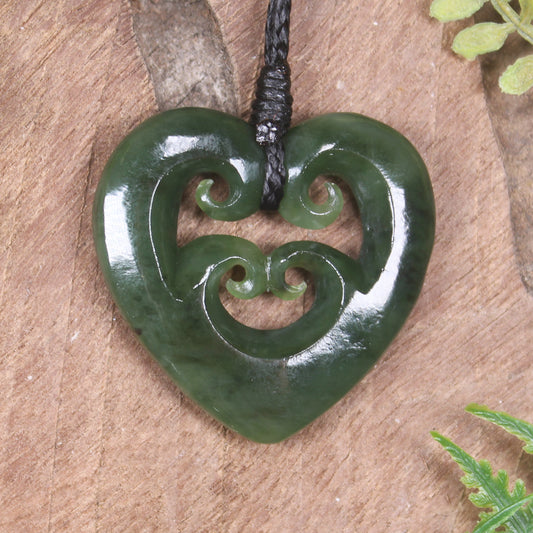 Heart with Koru carved from Hapopo Pounamu - NZ Greenstone