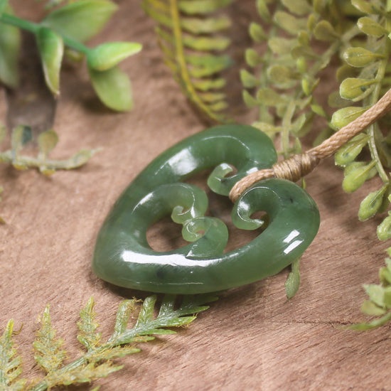 Heart with Koru carved from Hapopo Pounamu - NZ Greenstone