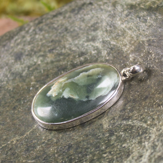 Sterling Silver Greenstone Pendant carved from Flower Jade Pounamu - NZ Greenstone