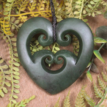 Heart with Koru carved from Kawakawa Pounamu - NZ Greenstone